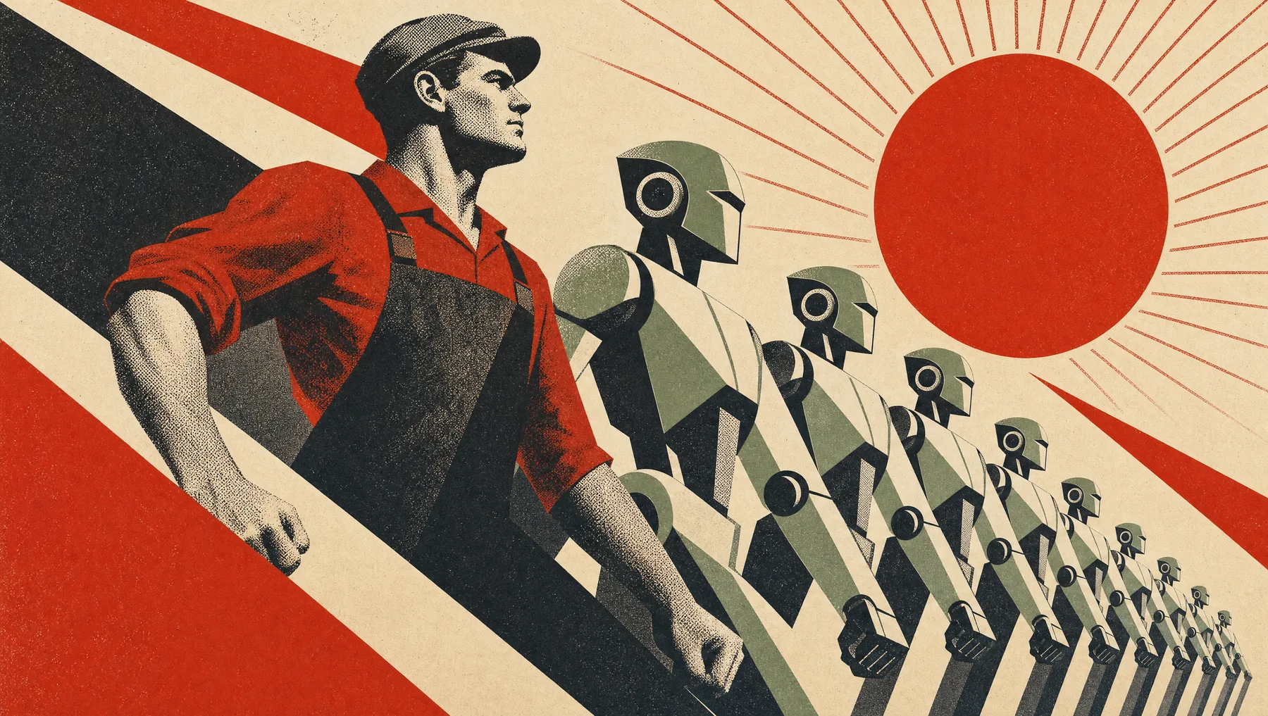 A Constructivist poster: a human worker striding forward at the head of a receding line of machine figures, all advancing together toward a rising sun.